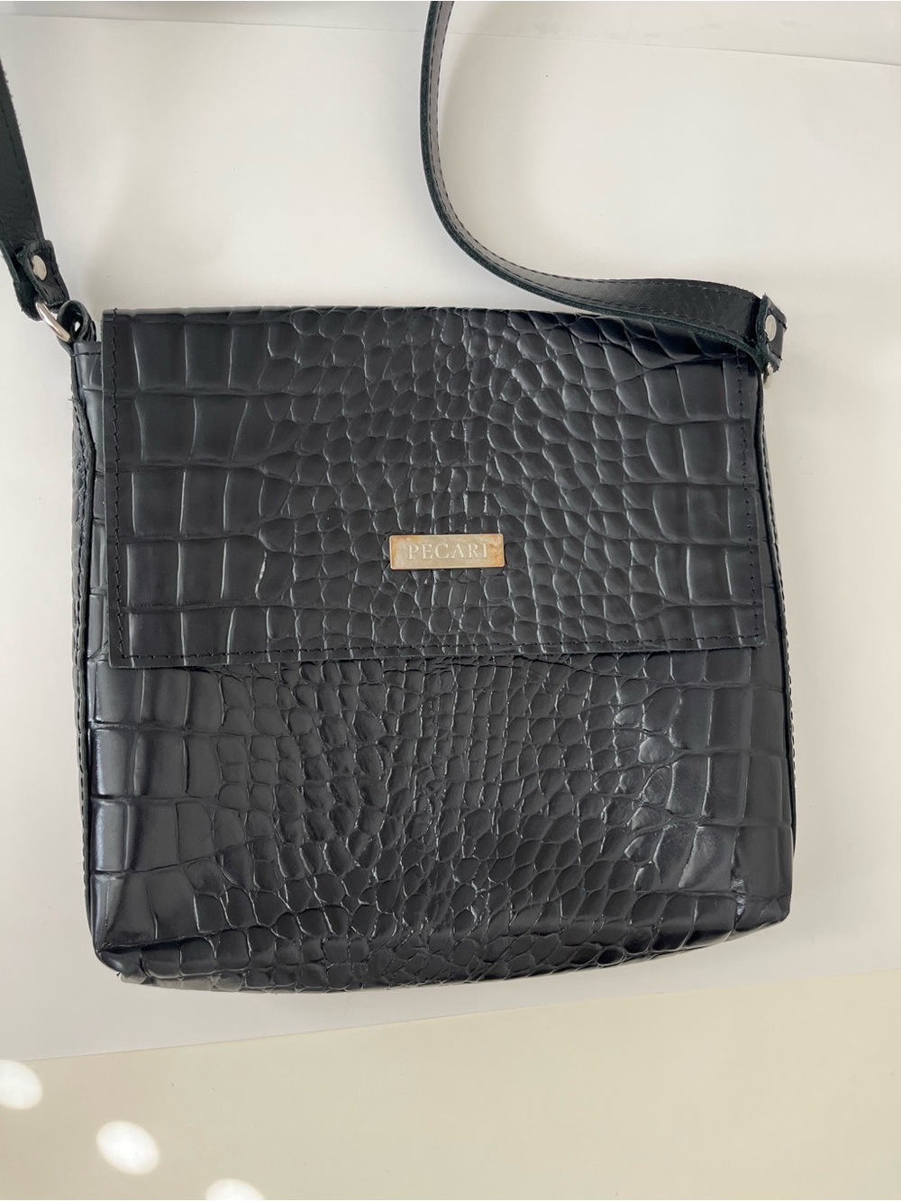 PECARÍ Black Genuine Leather Crossbody Flap Bag Croc Embossed Shoulder Purse